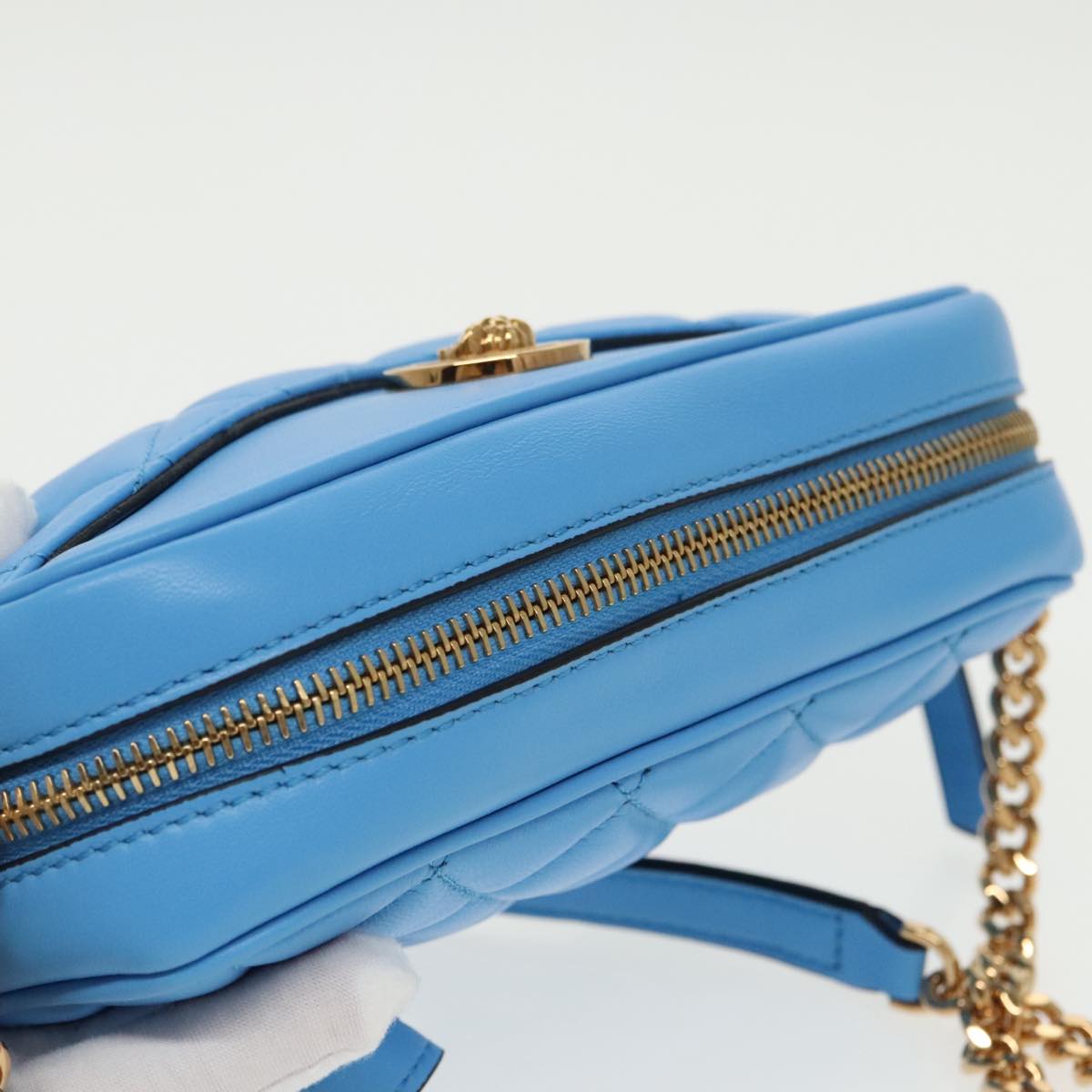 VERSACE Chain Shoulder Bag Leather Light Blue Gold Auth 99392