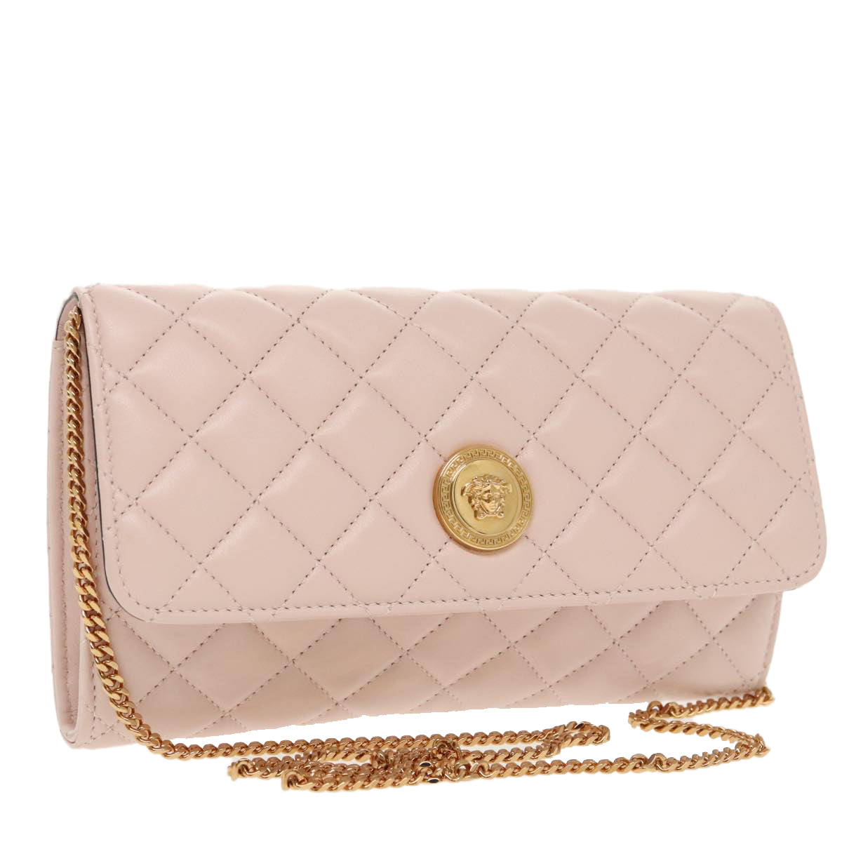 VERSACE Chain Wallet Leather Pink Gold Auth 99393