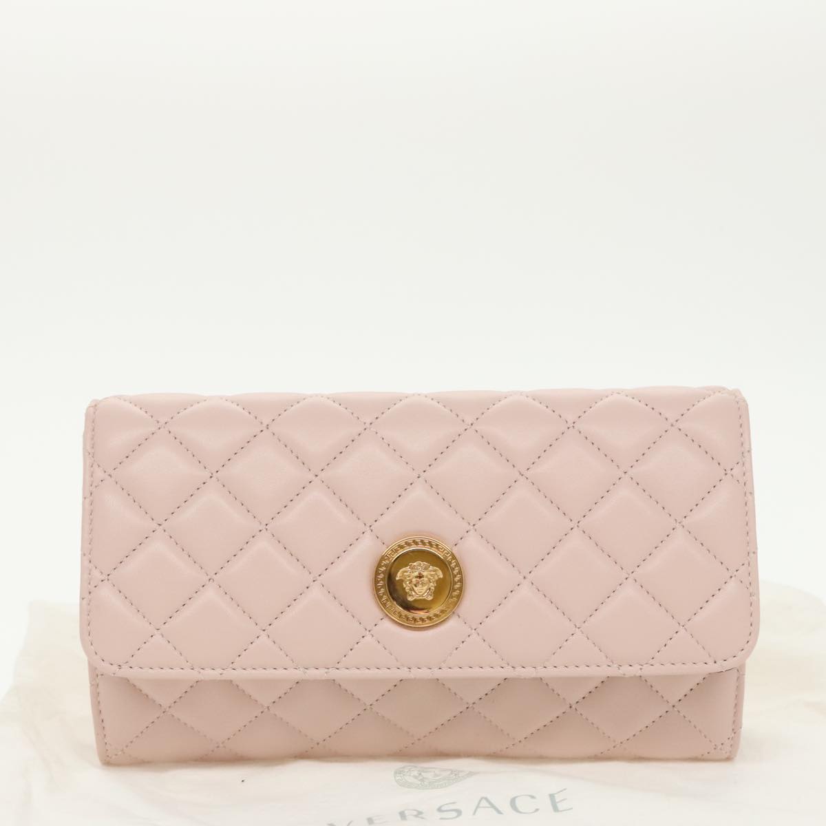 VERSACE Chain Wallet Leather Pink Gold Auth 99393