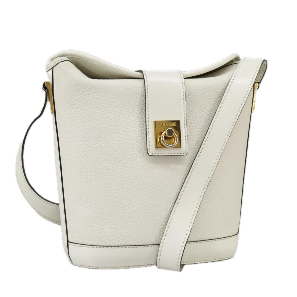 CELINE Shoulder Bag Leather White Gold Auth 99394