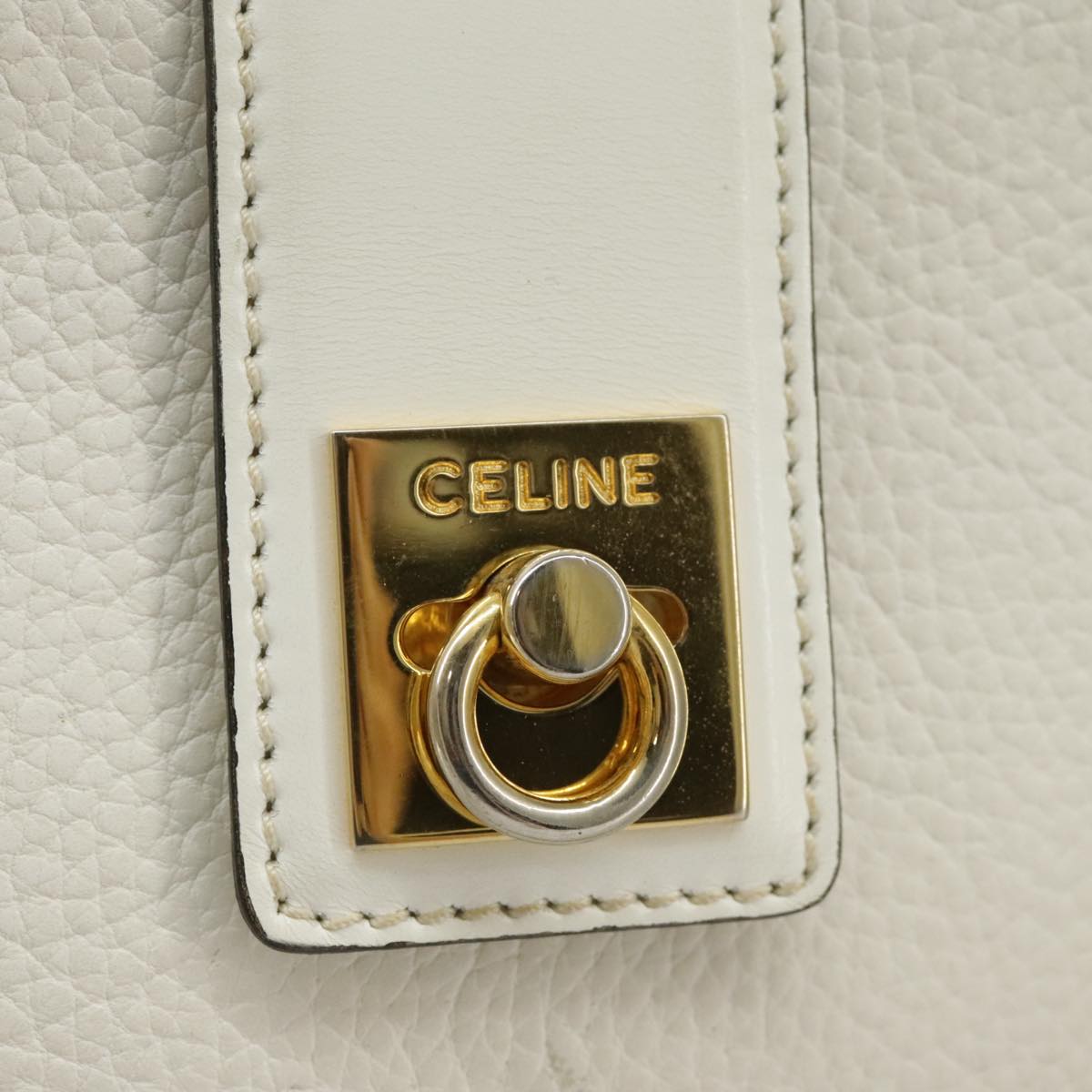 CELINE Shoulder Bag Leather White Gold Auth 99394