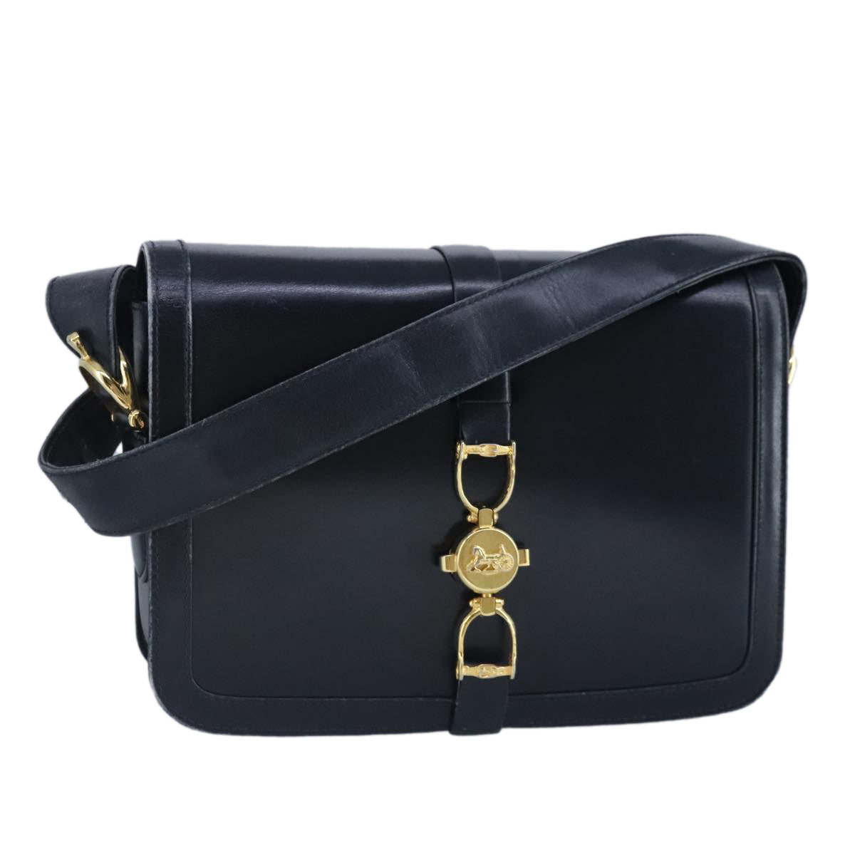 CELINE Shoulder Bag Leather Navy Gold Auth 99395