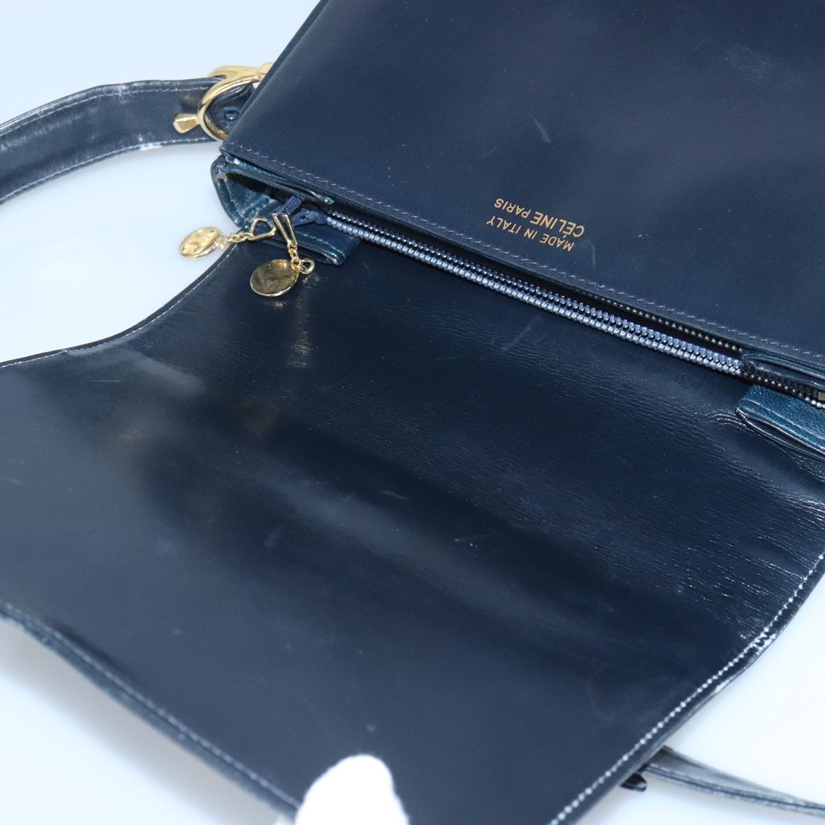 CELINE Shoulder Bag Leather Navy Gold Auth 99395