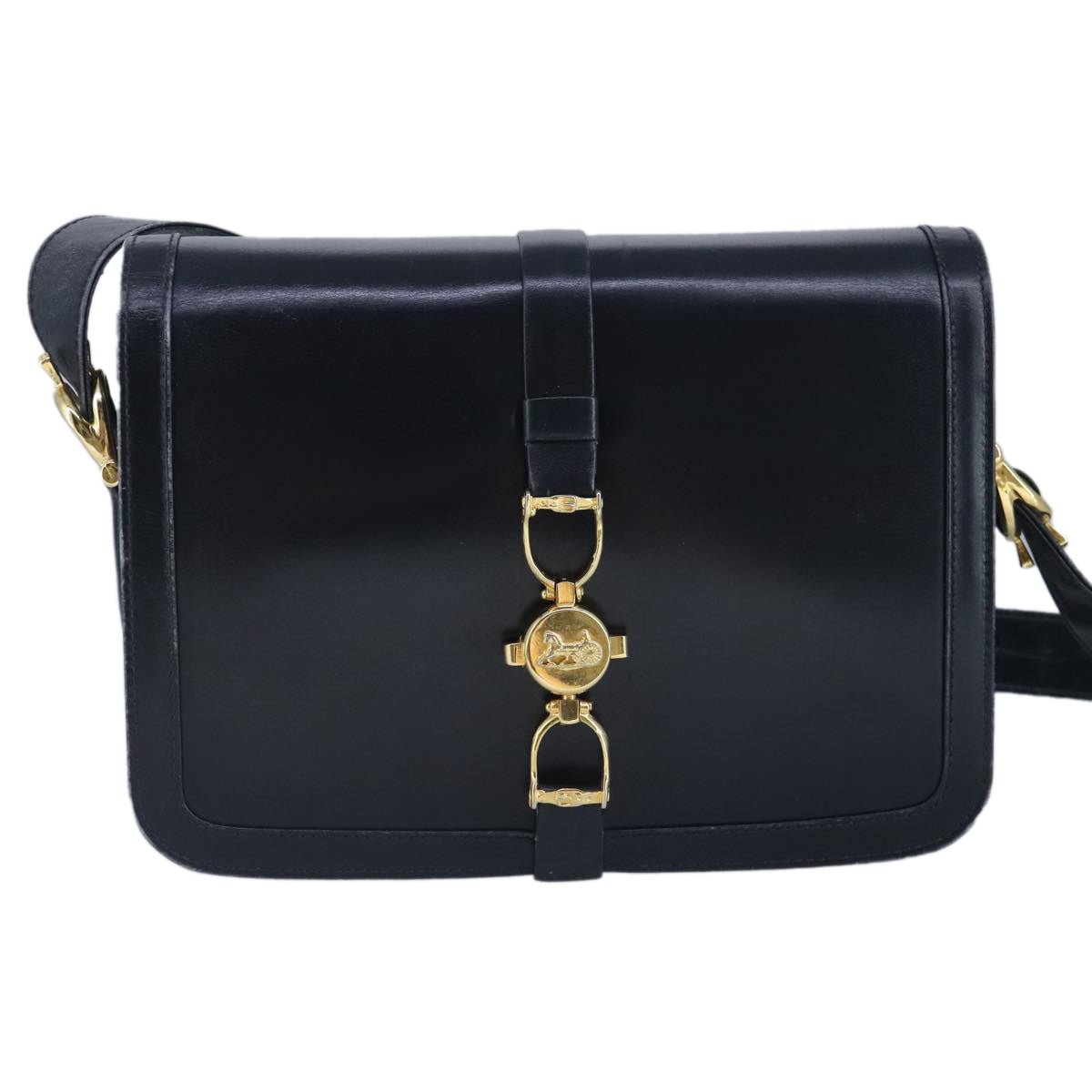 CELINE Shoulder Bag Leather Navy Gold Auth 99395 - 0