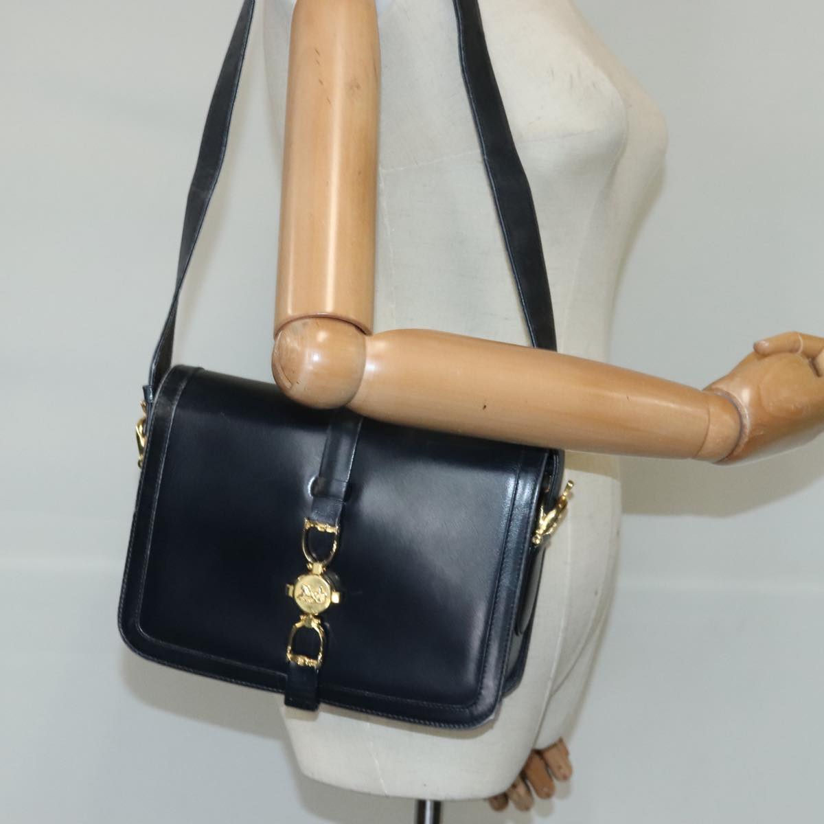 CELINE Shoulder Bag Leather Navy Gold Auth 99395