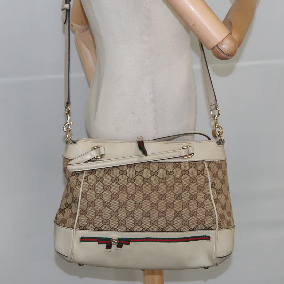 GUCCI GG Canvas Web Sherry Line Hand Bag 2way Beige Red 269894 Auth 99406