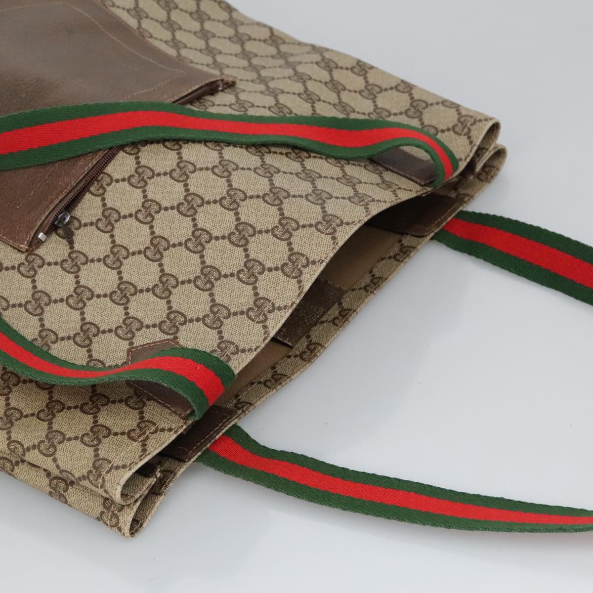 GUCCI GG Supreme Web Sherry Line Tote Bag PVC Beige Red Green Auth 99410