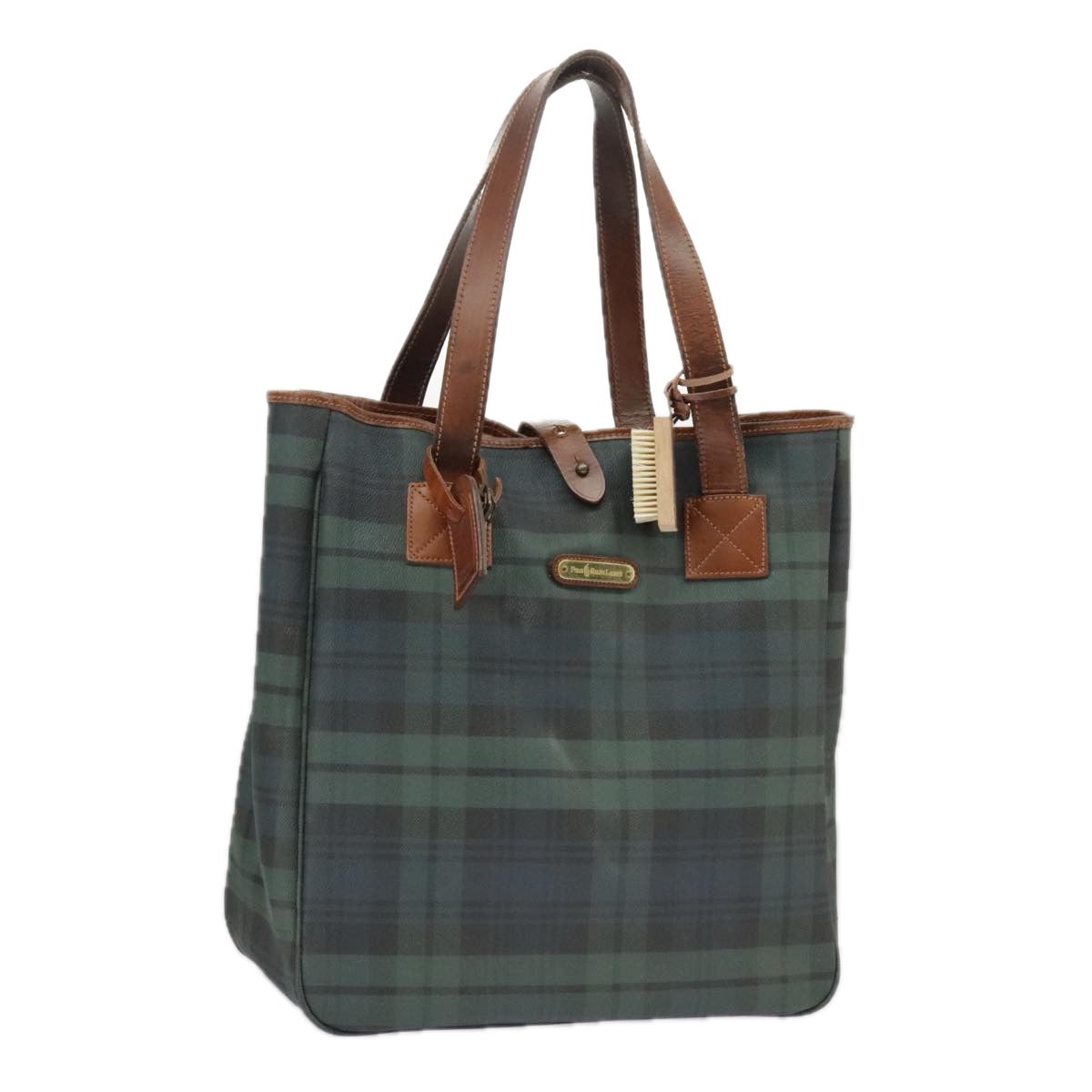 Poro Ralph Lauren Tartan Plaid Tote Bag PVC Leather Green Brown Auth 99411