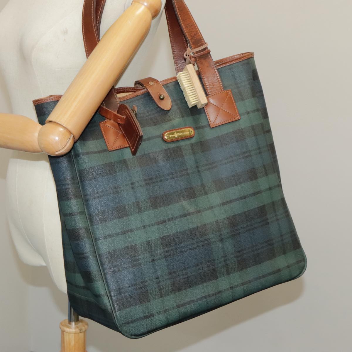 Poro Ralph Lauren Tartan Plaid Tote Bag PVC Leather Green Brown Auth 99411