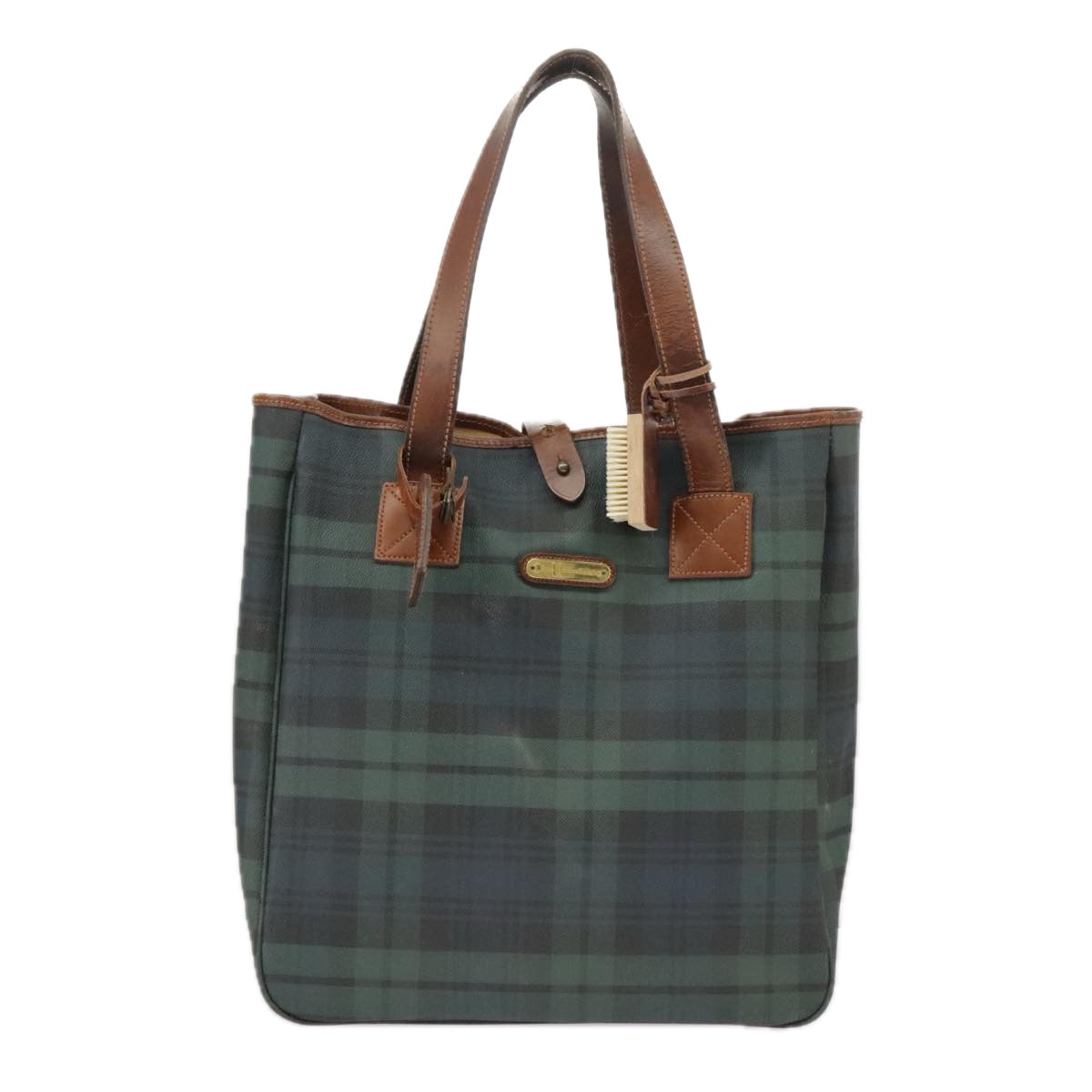 Poro Ralph Lauren Tartan Plaid Tote Bag PVC Leather Green Brown Auth 99411