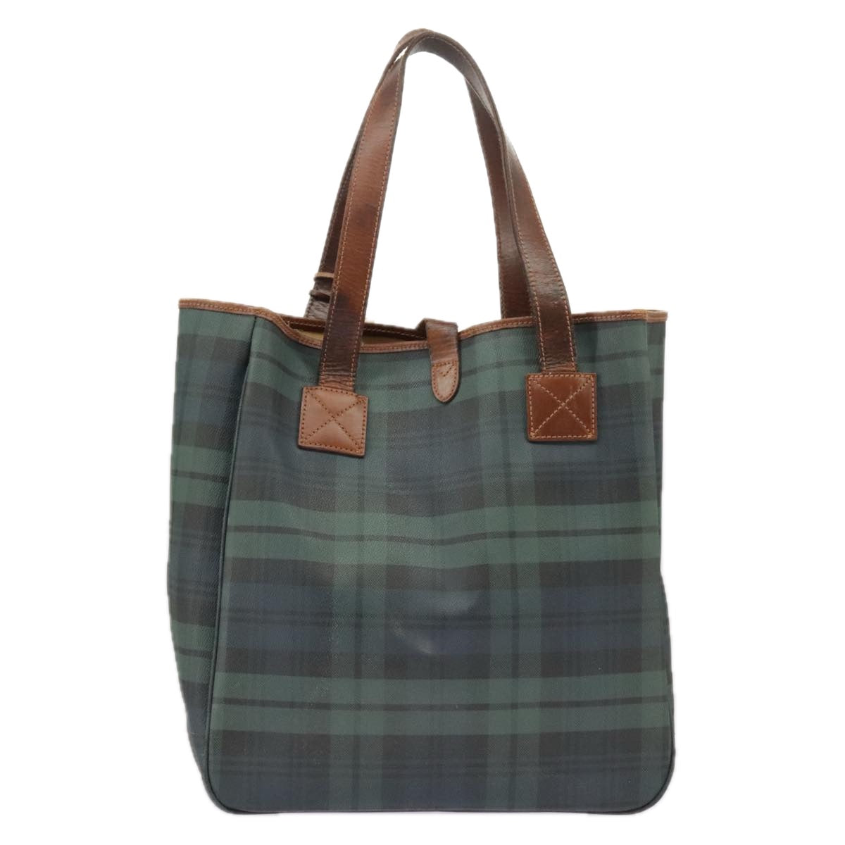 Poro Ralph Lauren Tartan Plaid Tote Bag PVC Leather Green Brown Auth 99411 - 0