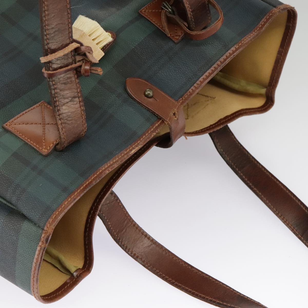 Poro Ralph Lauren Tartan Plaid Tote Bag PVC Leather Green Brown Auth 99411