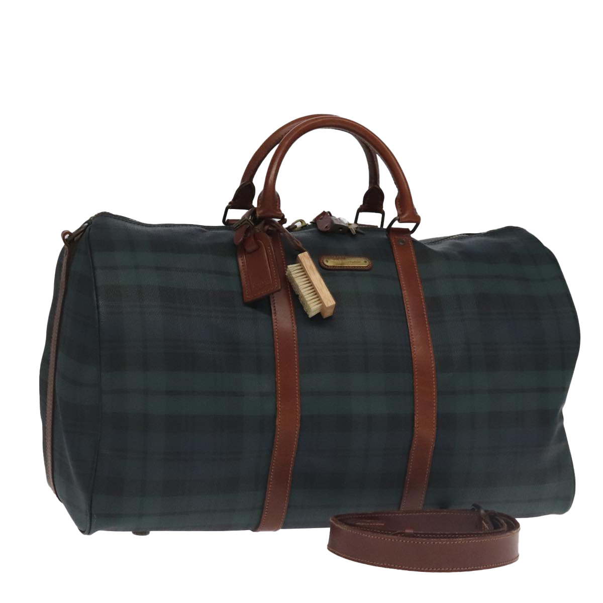 Poro Ralph Lauren Tartan Plaid Boston Bag PVC 2way Green Brown Auth 99412