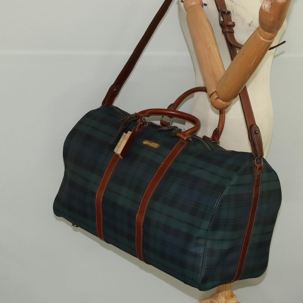 Poro Ralph Lauren Tartan Plaid Boston Bag PVC 2way Green Brown Auth 99412