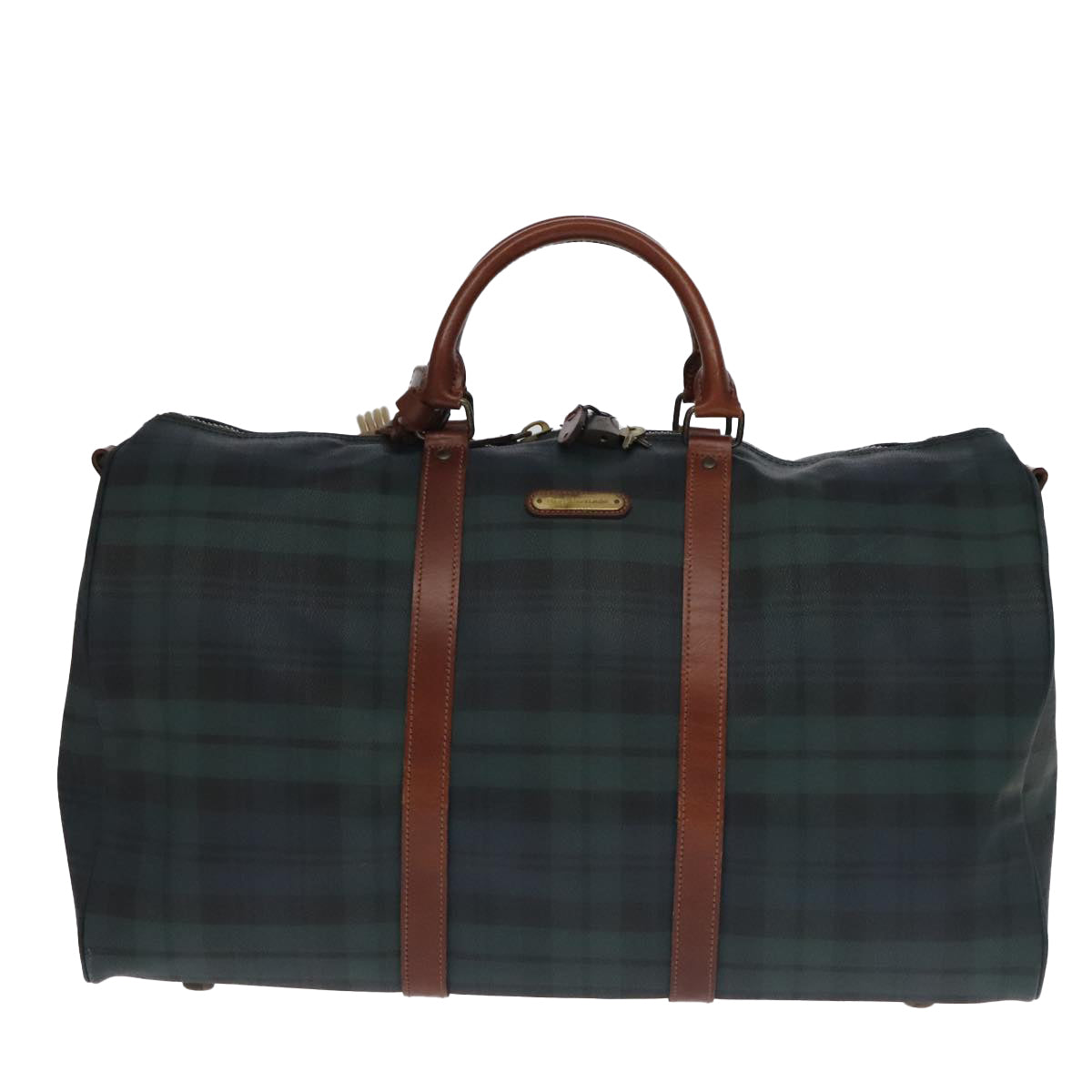 Poro Ralph Lauren Tartan Plaid Boston Bag PVC 2way Green Brown Auth 99412 - 0