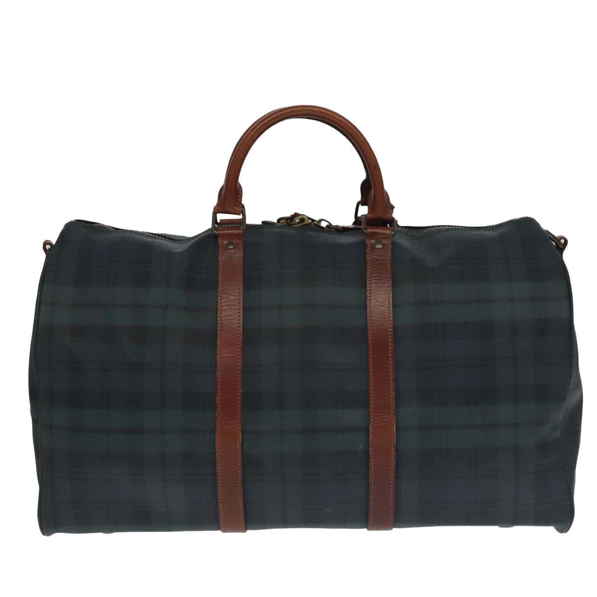 Poro Ralph Lauren Tartan Plaid Boston Bag PVC 2way Green Brown Auth 99412