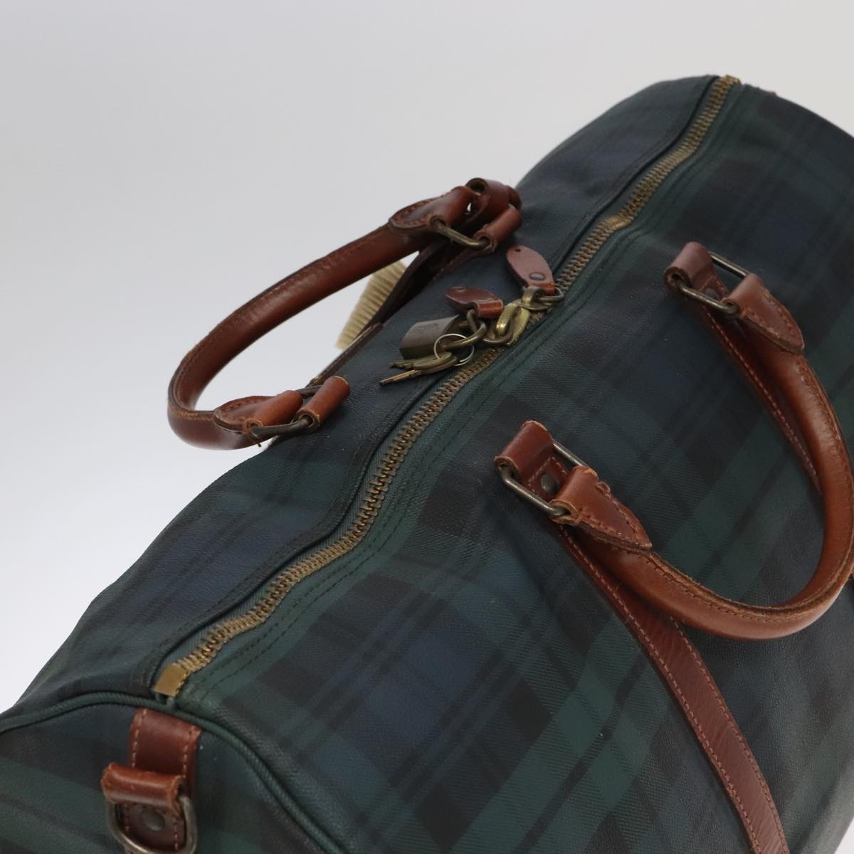 Poro Ralph Lauren Tartan Plaid Boston Bag PVC 2way Green Brown Auth 99412