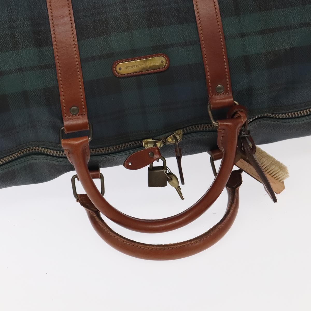 Poro Ralph Lauren Tartan Plaid Boston Bag PVC 2way Green Brown Auth 99412