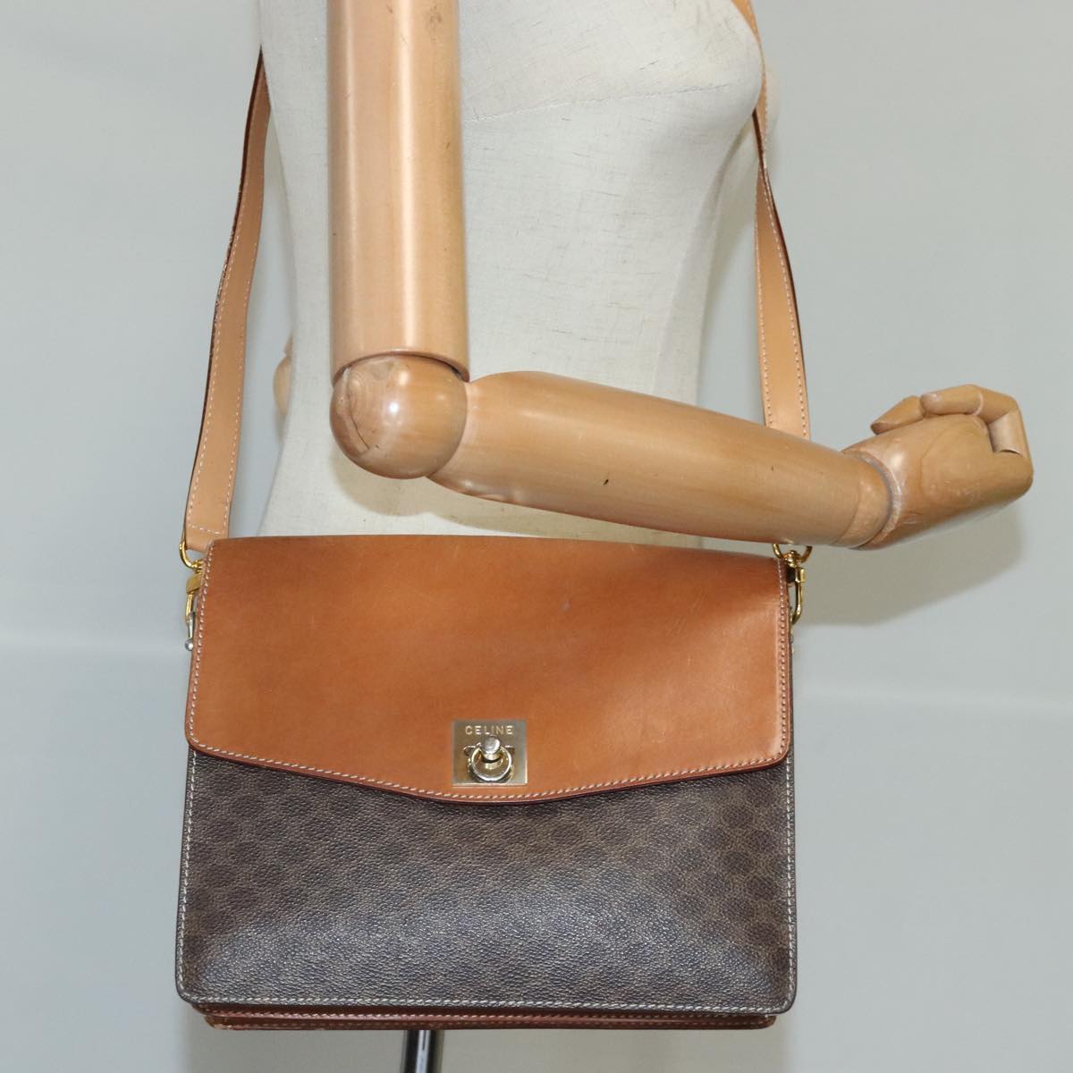 CELINE Macadam Canvas Shoulder Bag PVC Leather Brown Auth 99467