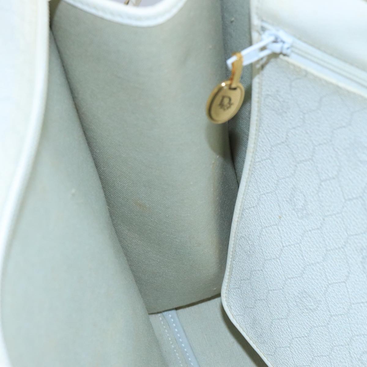 Christian Dior Honeycomb Canvas Shoulder Bag PVC Leather White Gold Auth 99479