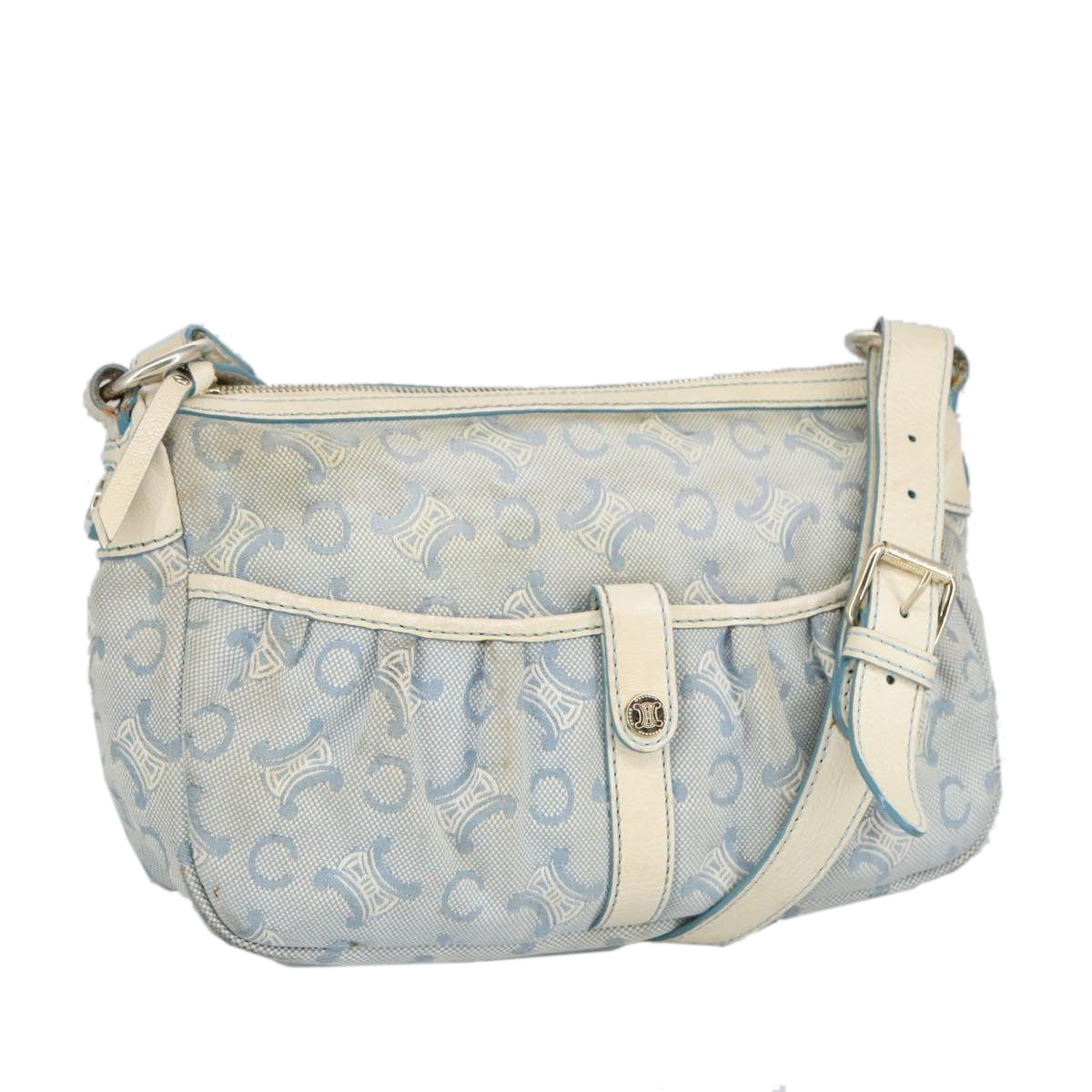 CELINE C Macadam Canvas Shoulder Bag Light Blue Silver Auth 99486