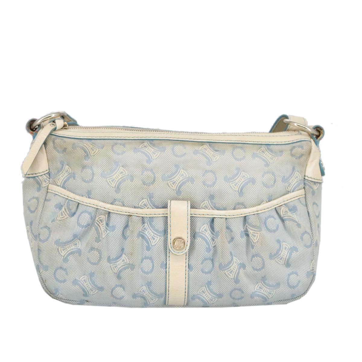 CELINE C Macadam Canvas Shoulder Bag Light Blue Silver Auth 99486