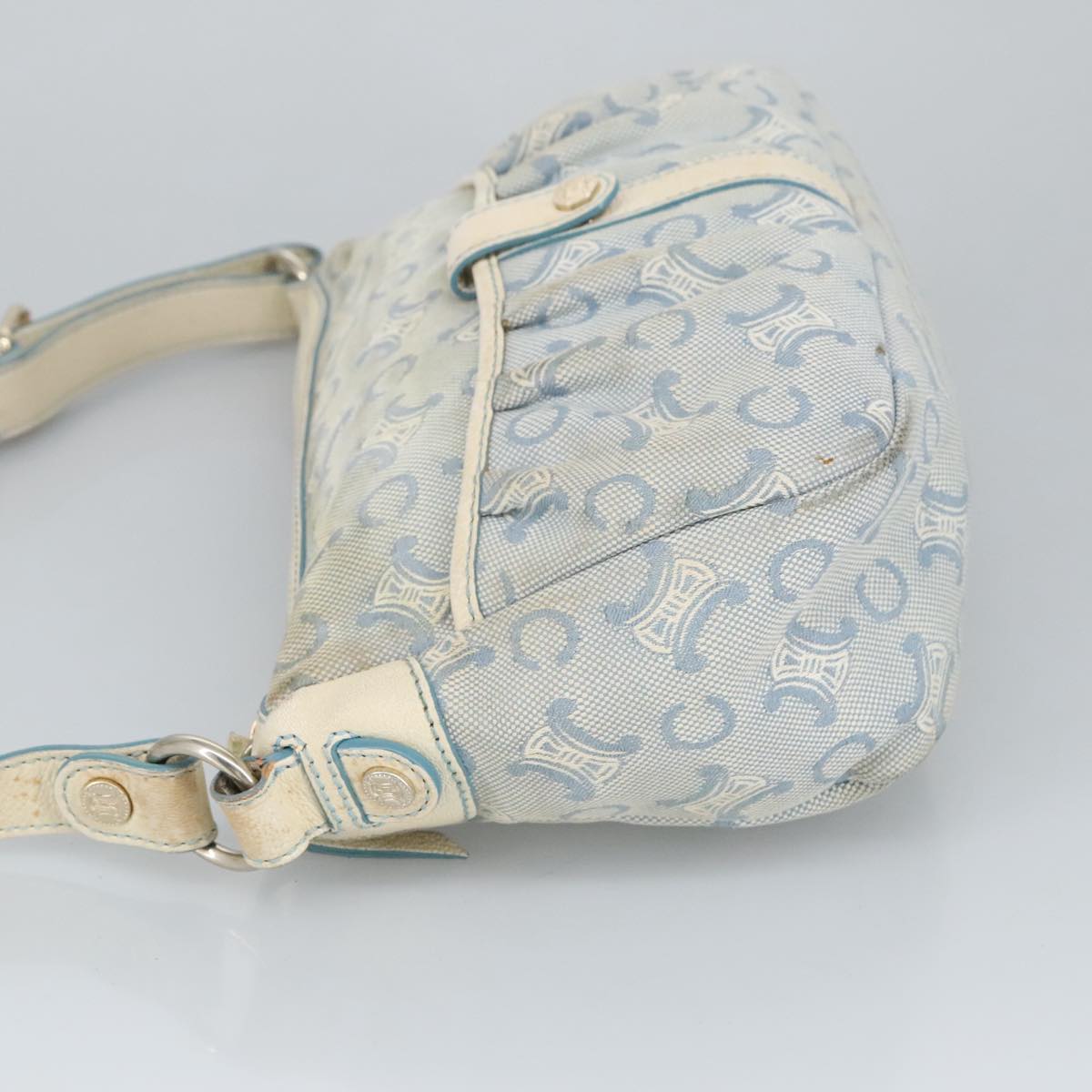 CELINE C Macadam Canvas Shoulder Bag Light Blue Silver Auth 99486