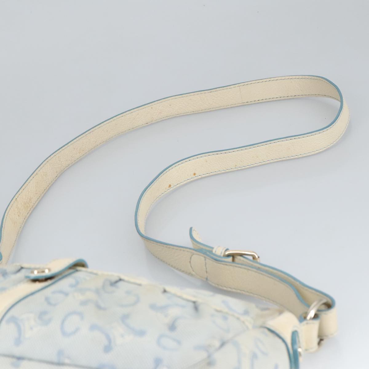 CELINE C Macadam Canvas Shoulder Bag Light Blue Silver Auth 99486