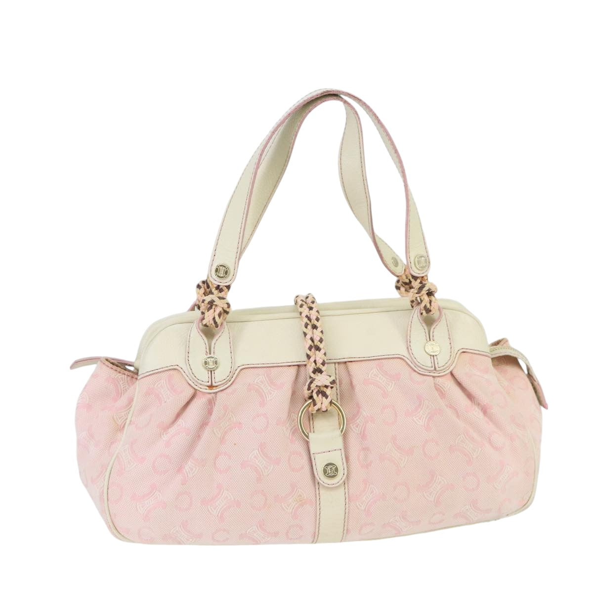 CELINE C Macadam Canvas Shoulder Bag Gold Pink Auth 99491