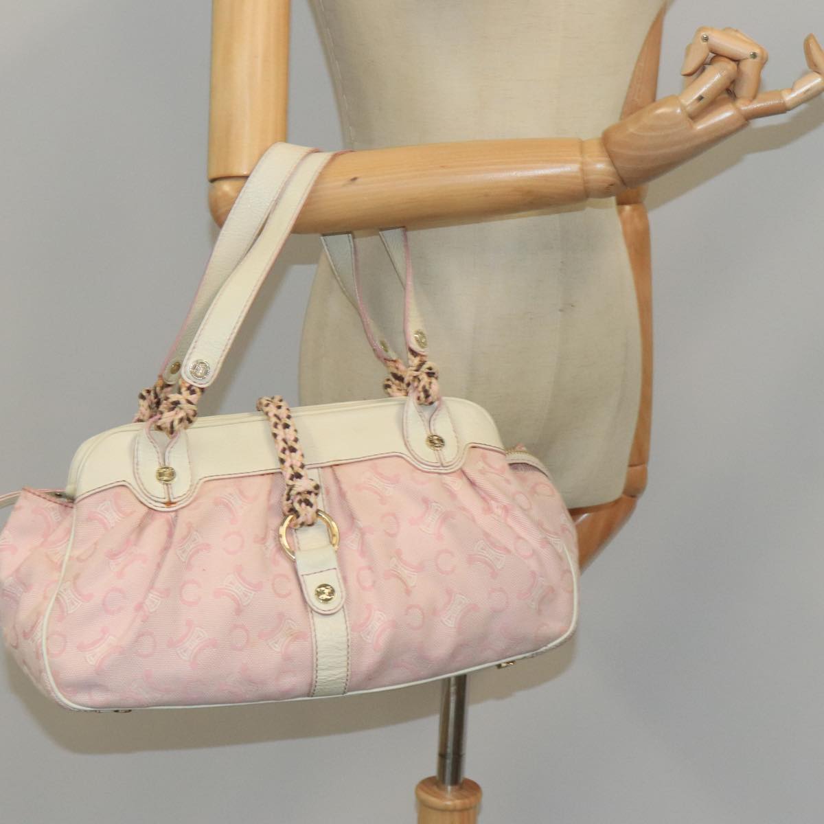 CELINE C Macadam Canvas Shoulder Bag Gold Pink Auth 99491