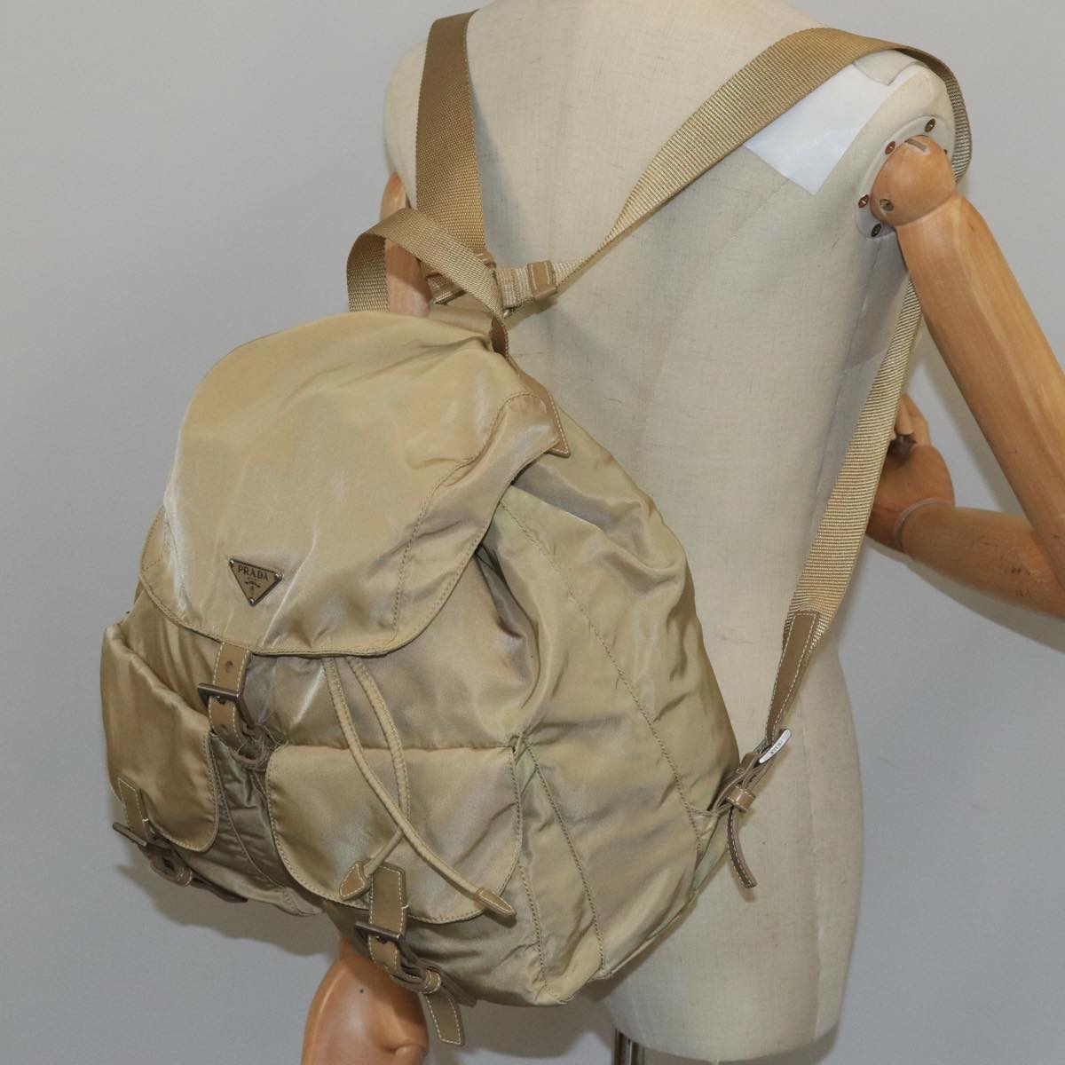 PRADA Backpack Nylon Khaki Silver Auth 99493