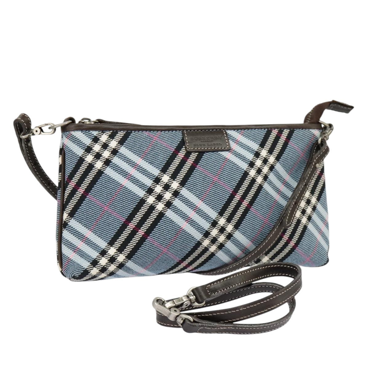 BURBERRY Nova Check Blue Label Shoulder Bag Canvas Blue Silver Auth 99652