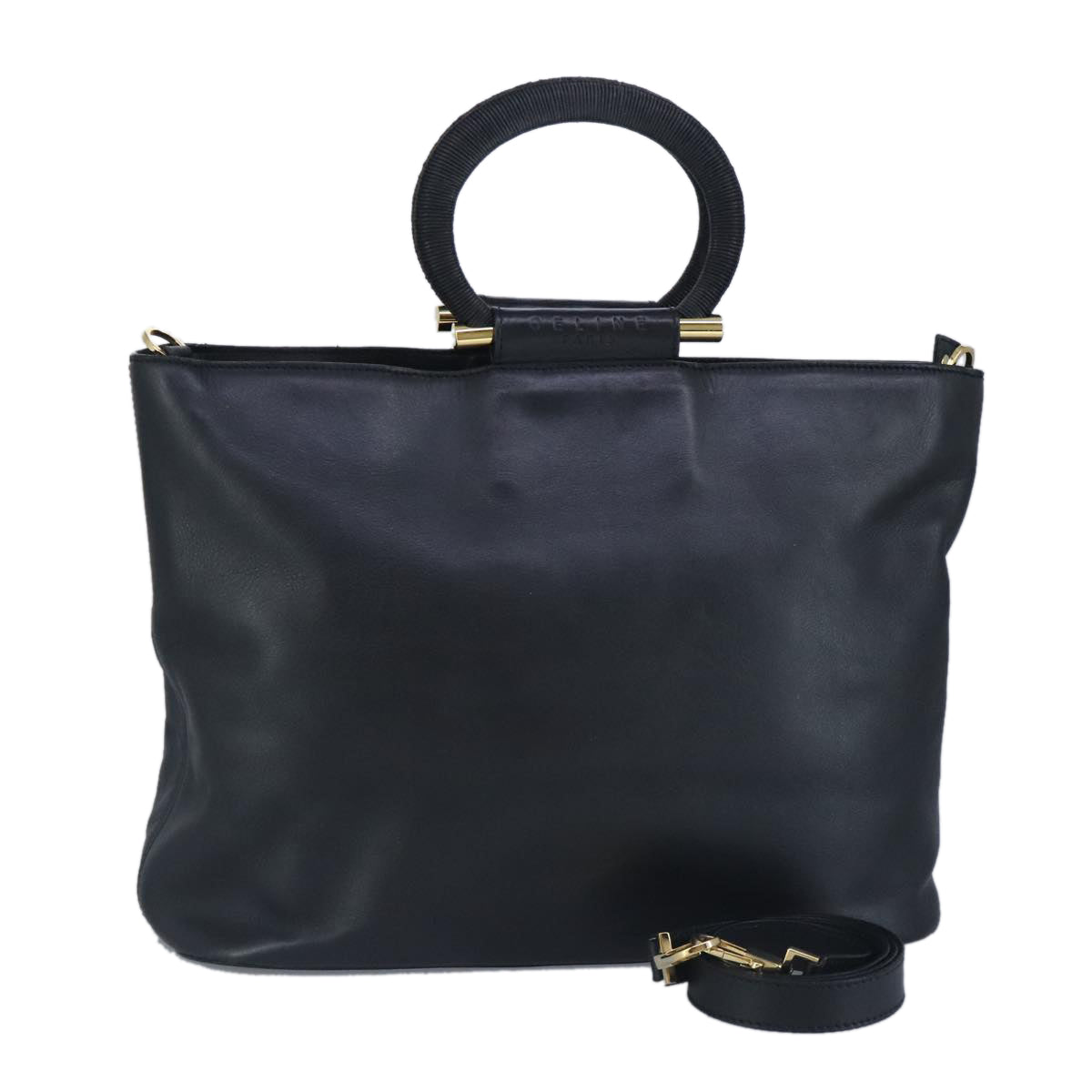 CELINE Hand Bag Leather 2way Black Gold Auth 99655