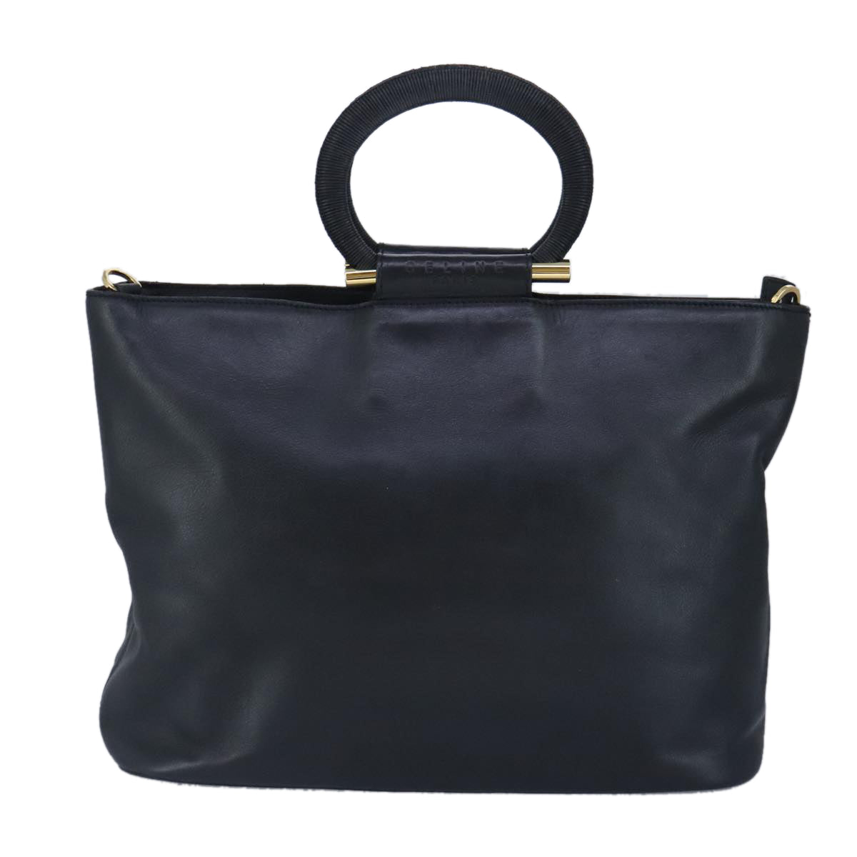 CELINE Hand Bag Leather 2way Black Gold Auth 99655