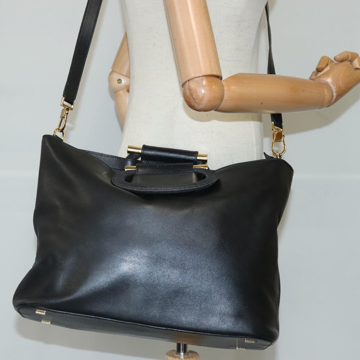 CELINE Hand Bag Leather 2way Black Gold Auth 99655