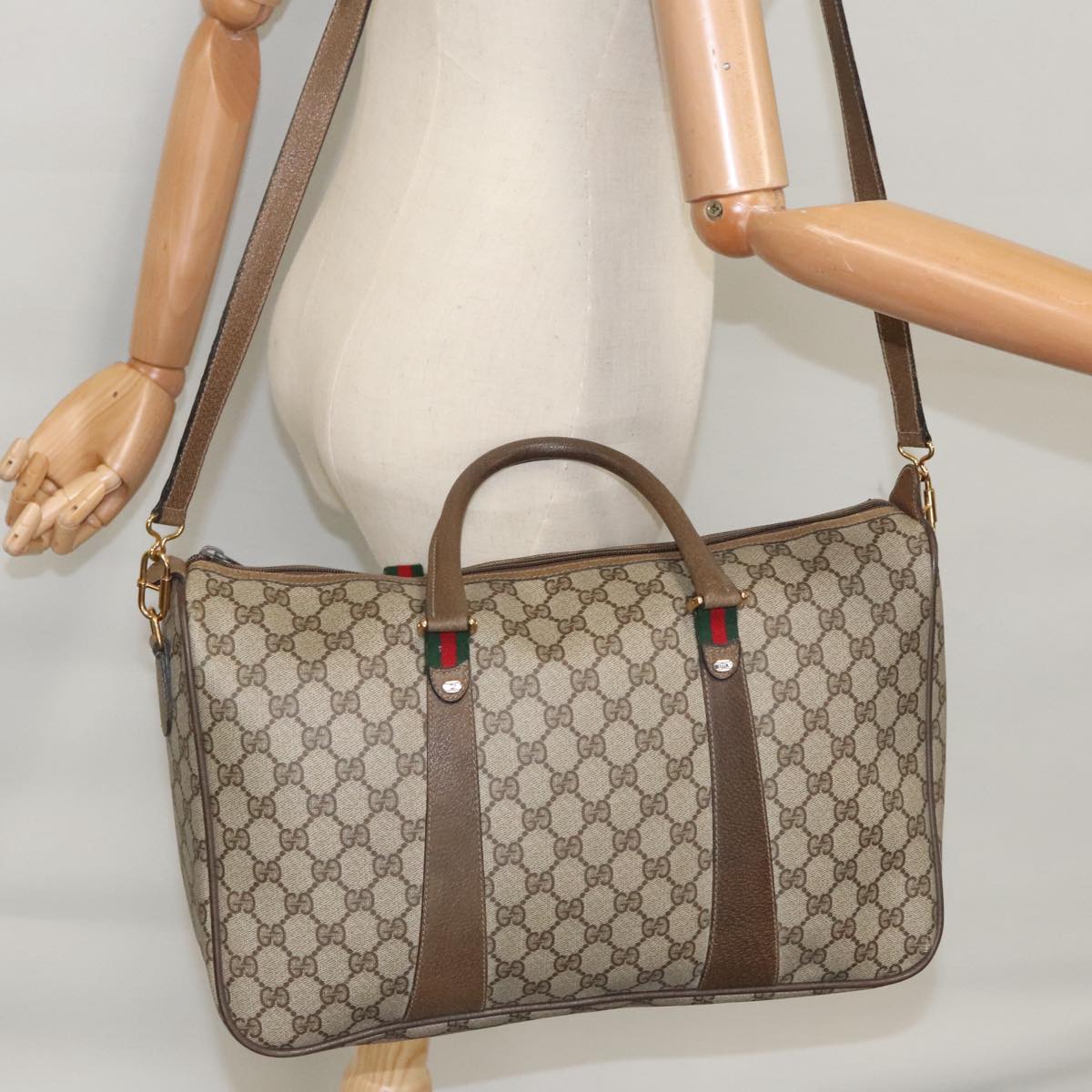 GUCCI Web Sherry Line GG Supreme Hand Bag PVC 2way Beige 39 02 041 Auth 99665