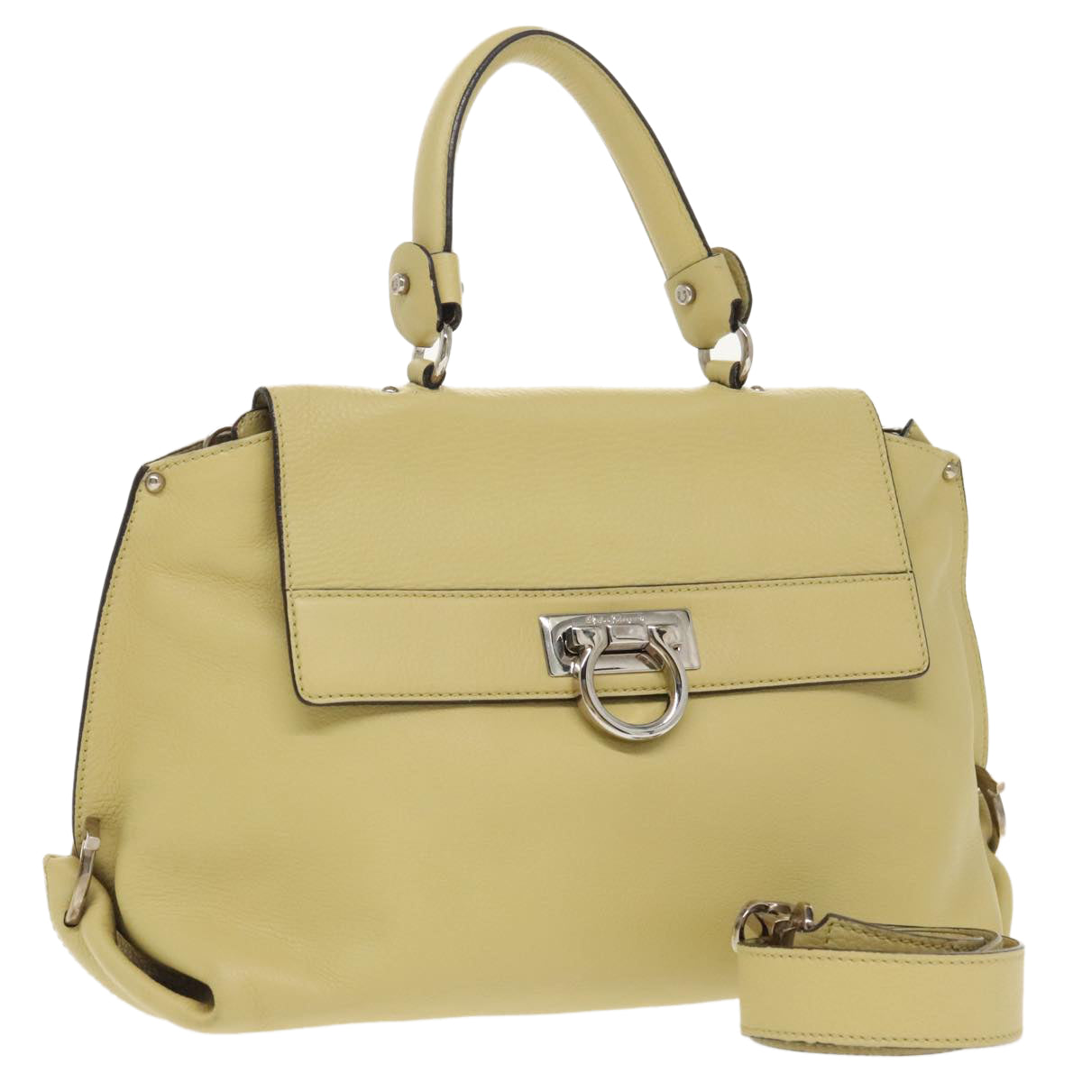 Salvatore Ferragamo Gancini Sofia Hand Bag Leather 2way Silver Yellow Auth 99667