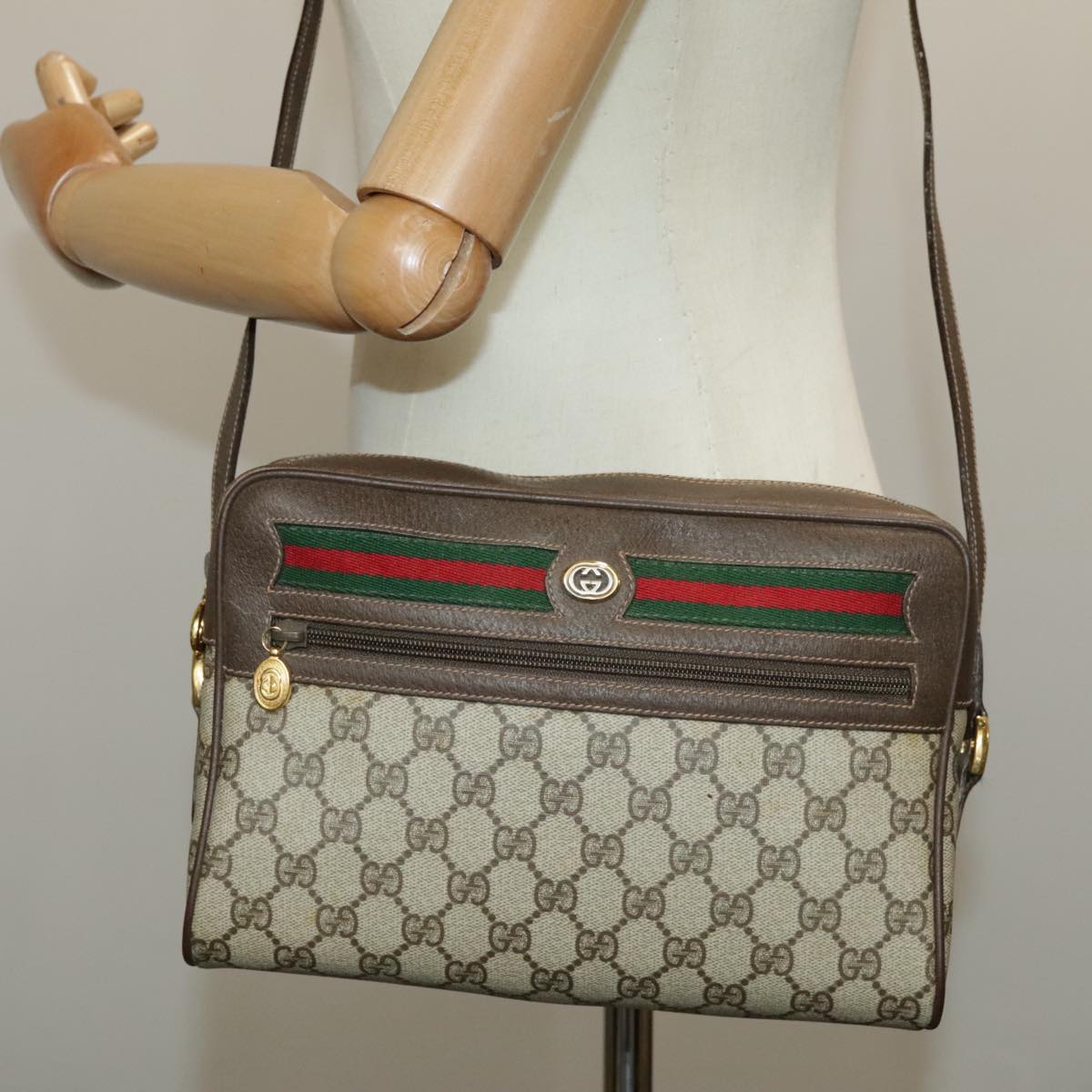 GUCCI GG Supreme Web Sherry Line Shoulder Bag PVC Beige 119 02 088 Auth 99670