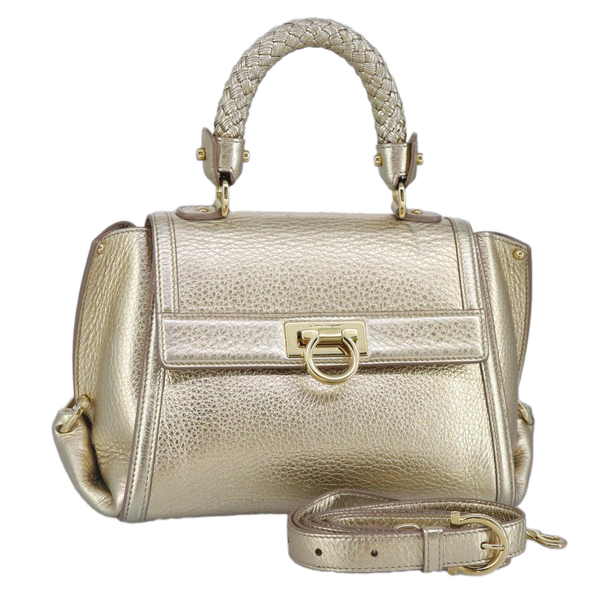 Salvatore Ferragamo Gancini Sofia Hand Bag Leather 2way Gold Auth 99671