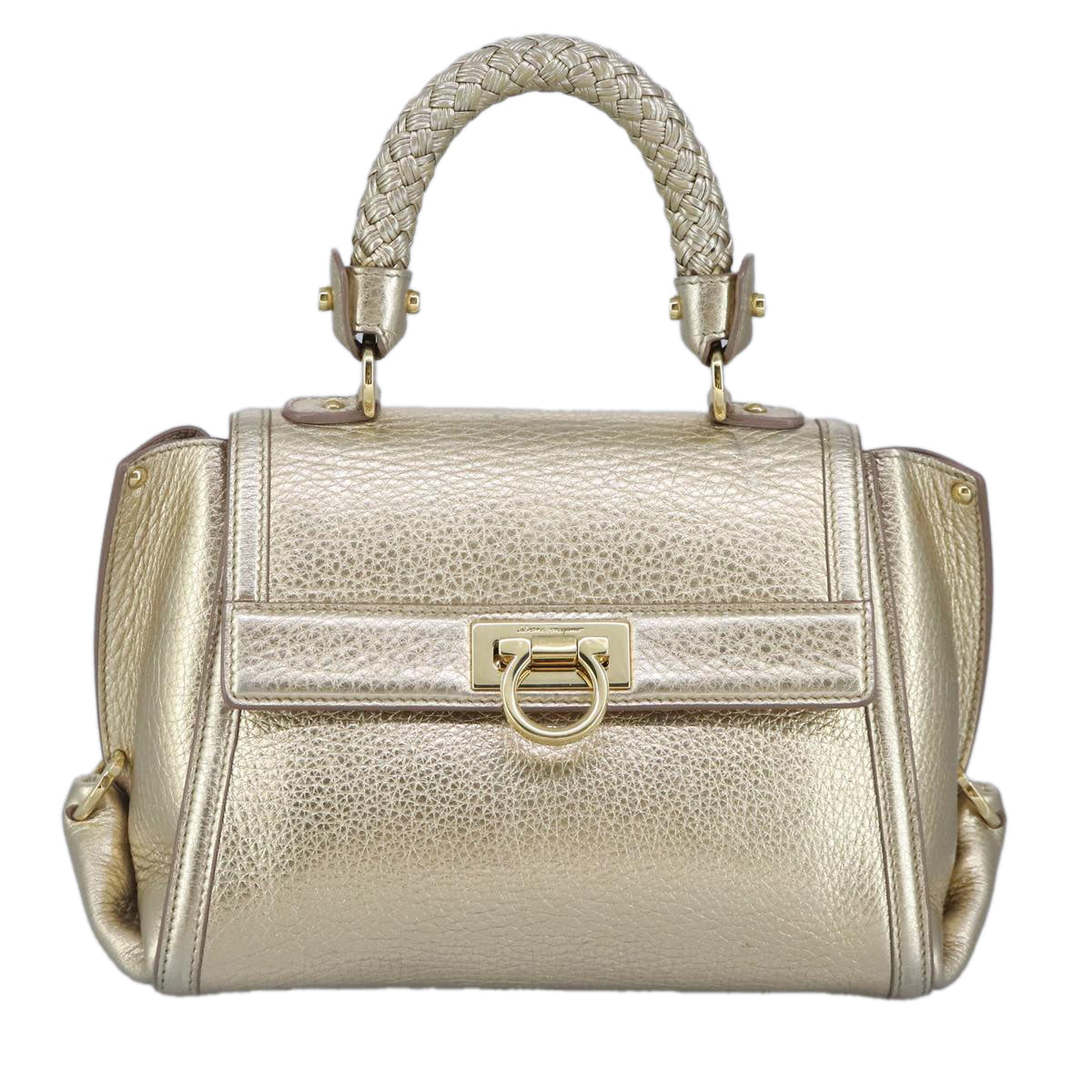 Salvatore Ferragamo Gancini Sofia Hand Bag Leather 2way Gold Auth 99671