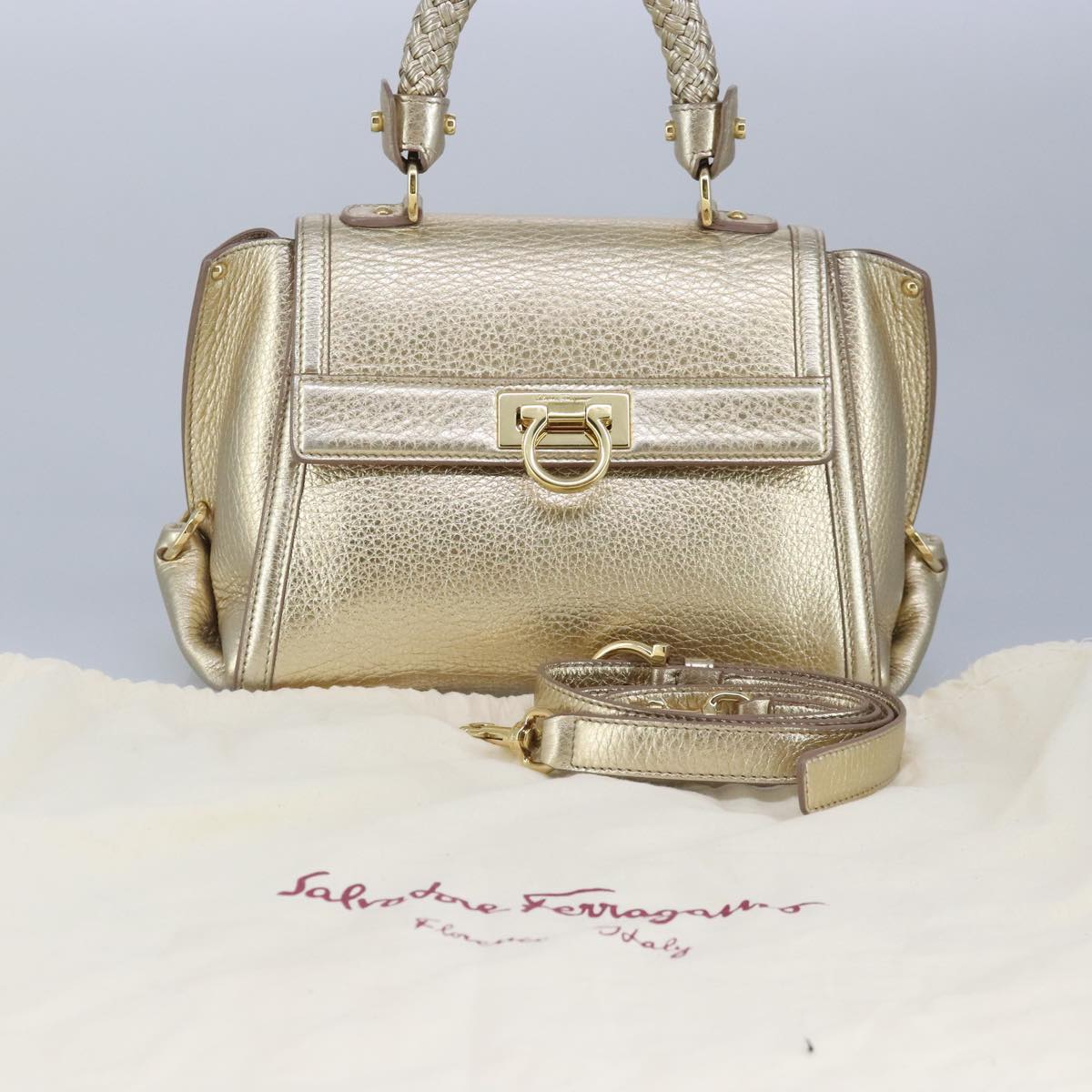 Salvatore Ferragamo Gancini Sofia Hand Bag Leather 2way Gold Auth 99671