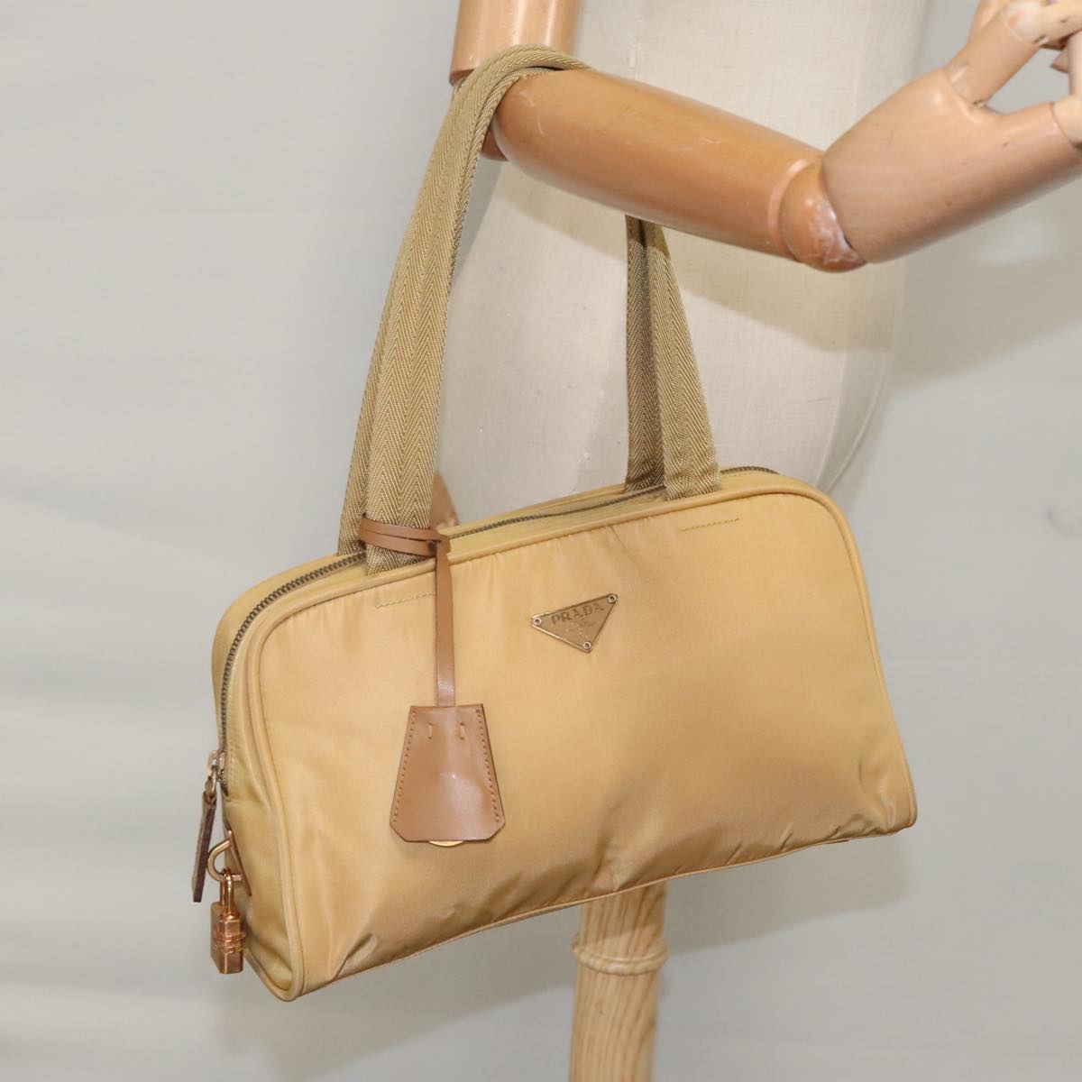 PRADA Hand Bag Nylon Beige Gold Auth 99677