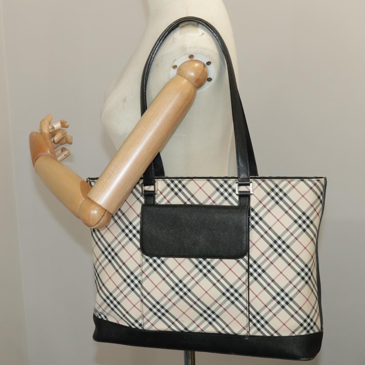 BURBERRY Nova Check Tote Bag Canvas Beige Silver Auth 99686