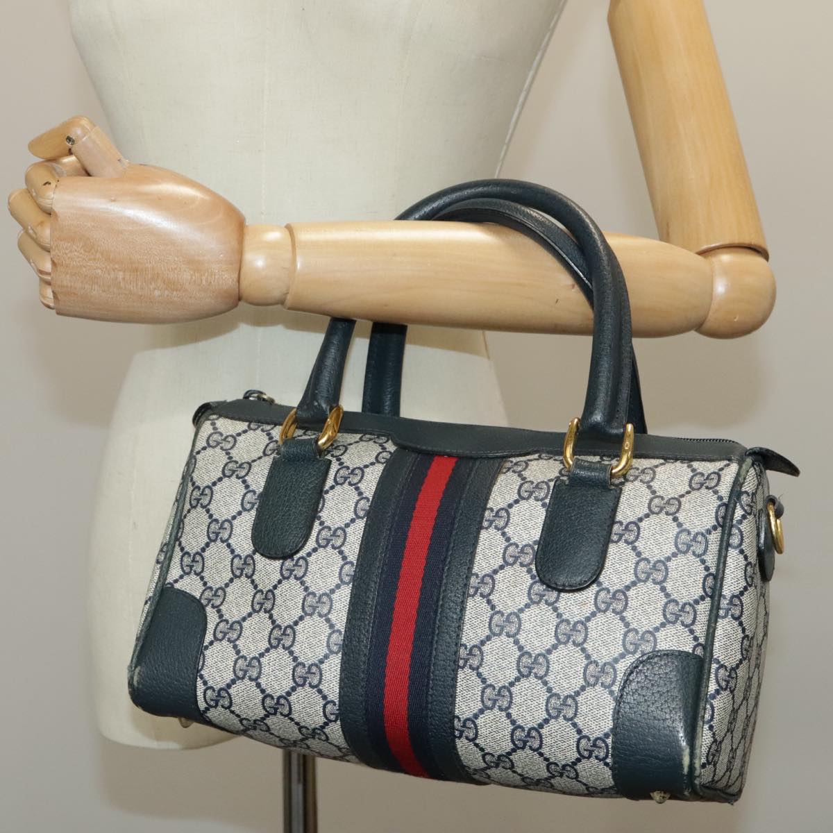 GUCCI GG Supreme Sherry Line Hand Bag PVC Navy Gold Red 002 39 0069 Auth 99687