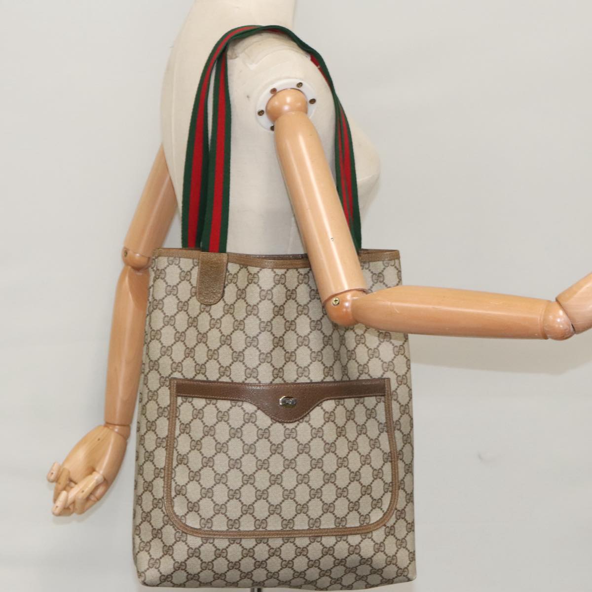 GUCCI GG Supreme Web Sherry Line Tote Bag PVC Beige Red 39 02 003 Auth 99689