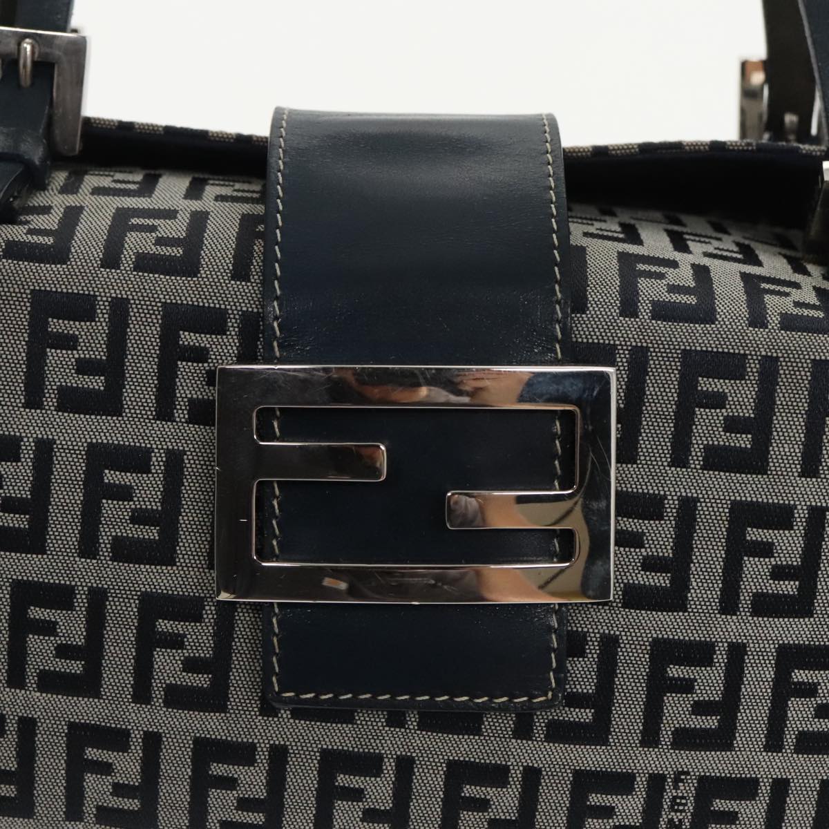 FENDI Zucchino Canvas Hand Bag Navy Silver Auth 99690