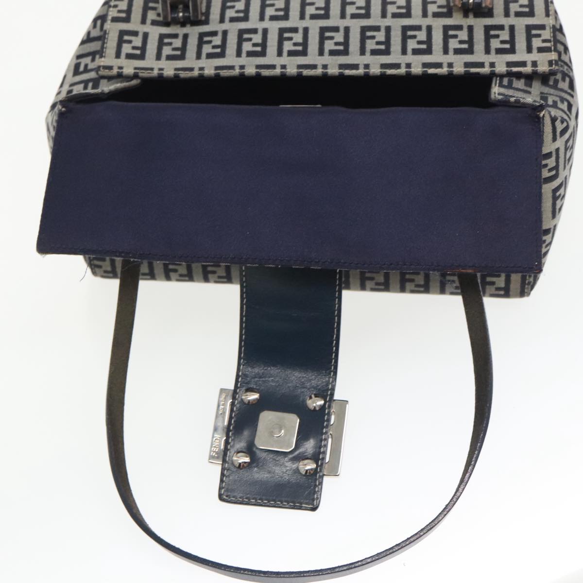 FENDI Zucchino Canvas Hand Bag Navy Silver Auth 99690