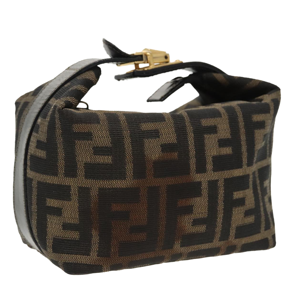 FENDI Zucca Canvas Vanity Pouch Brown Black gold Auth 99693