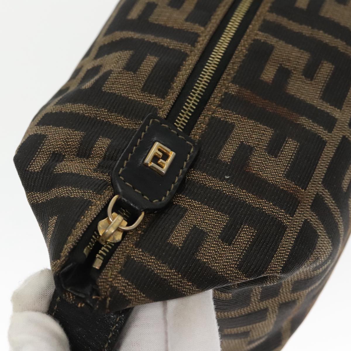 FENDI Zucca Canvas Vanity Pouch Brown Black gold Auth 99693