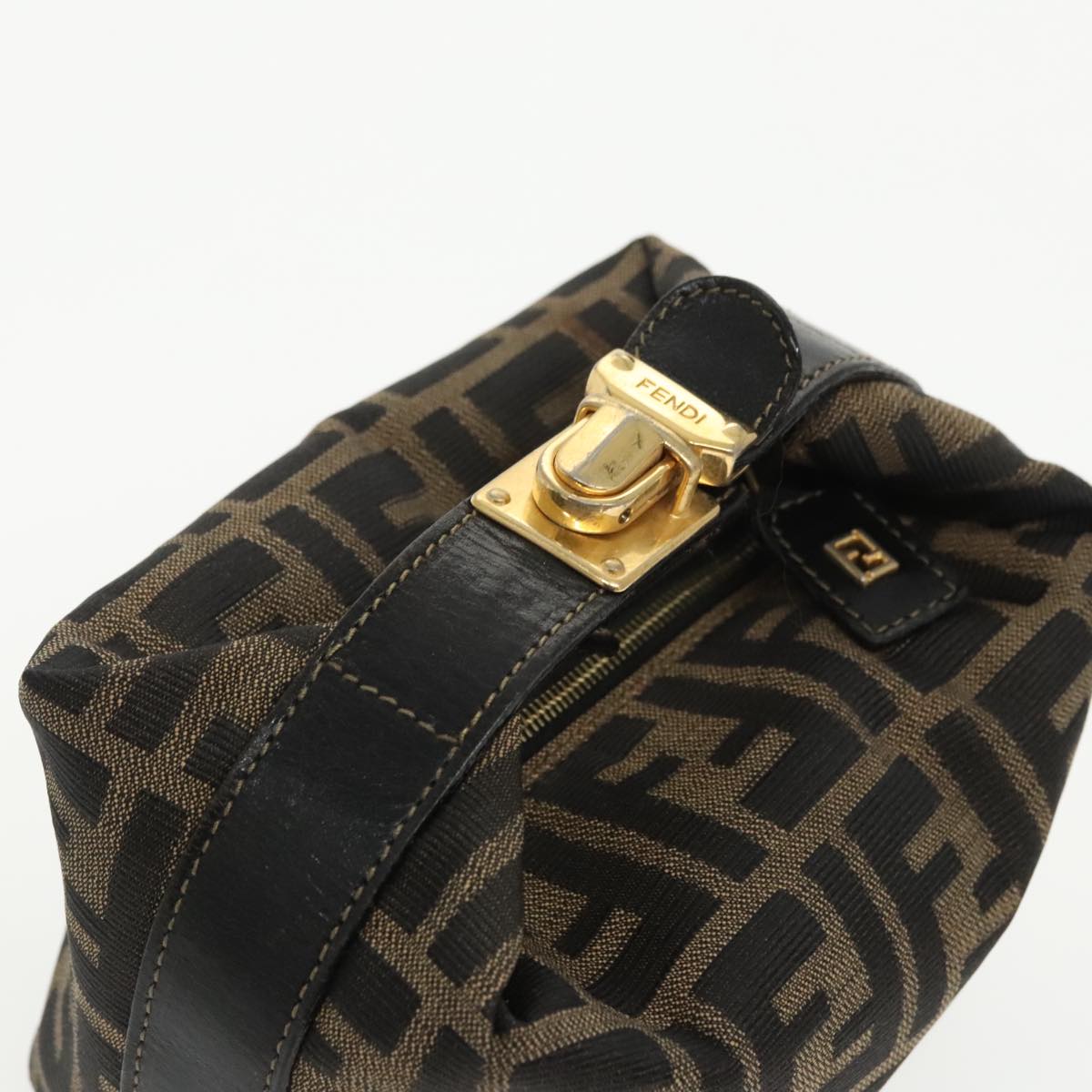 FENDI Zucca Canvas Vanity Pouch Brown Black gold Auth 99693